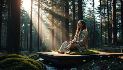 Nature Self-Care Rituals Woman meditating on a moss-covered platform in a sunlit forest