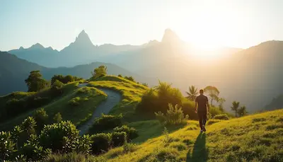 A person walking along a winding mountain trail toward the sunrise