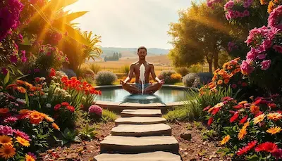 Man meditating in lotus pose on stepping stones in a flower‑lined pond with a central fountain, bathed in warm sunlight